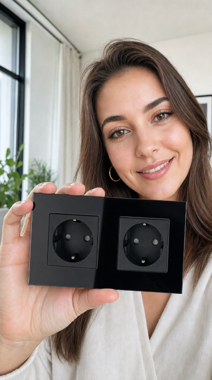 Dubbel Schuko-Stopcontact Glas Zwart Set Tweevoudig Afdekraam En 2 X Enkel Stopcontact MIUUN