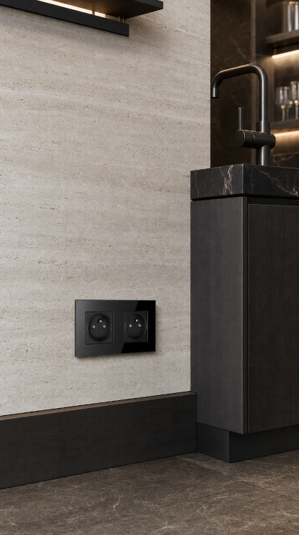 Dubbel Glazen Stopcontact Zwart Set Tweevoudig Afdekraam En 2 X Enkel Stopcontact Met Aardpen