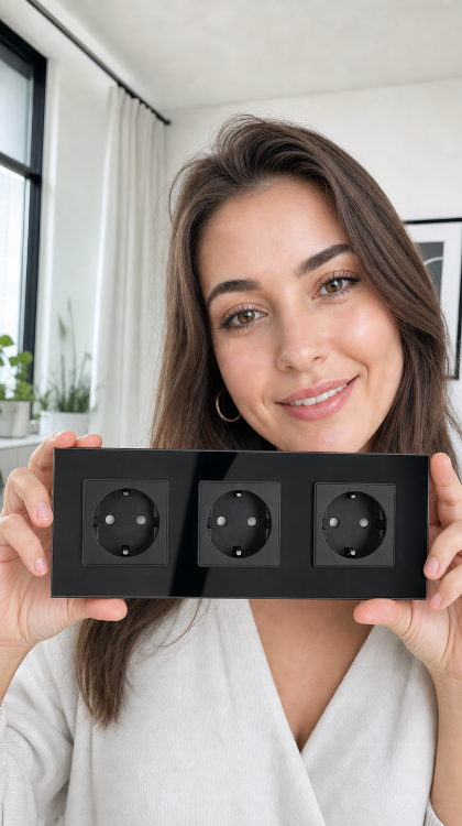 Drievoudig Schuko-Stopcontact Glas Zwart Drievoudig Afdekraam En 3 X Stopcontact