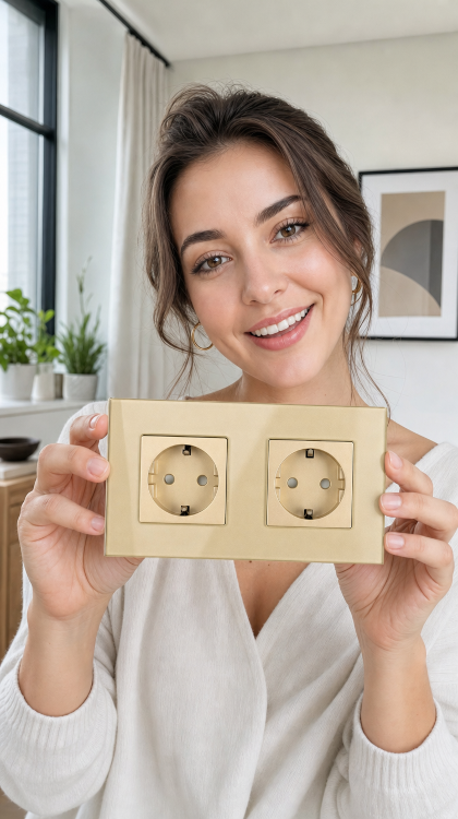 Dubbel Glazen Schuko-Stopcontact Goud Tweevoudig Afdekraam En 2 X Stopcontact MIUUN