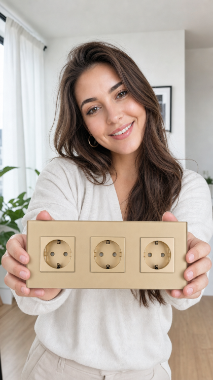 Drievoudig Glazen Schuko-Stopcontact Goud Drievoudig Afdekraam En 3 X Stopcontact MIUUN