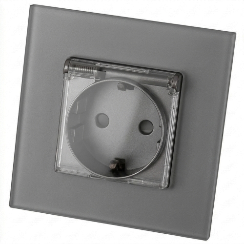 Glazen MATTE contactdoos met klep Schuko aarding zonder aardpen grijs MIUUN