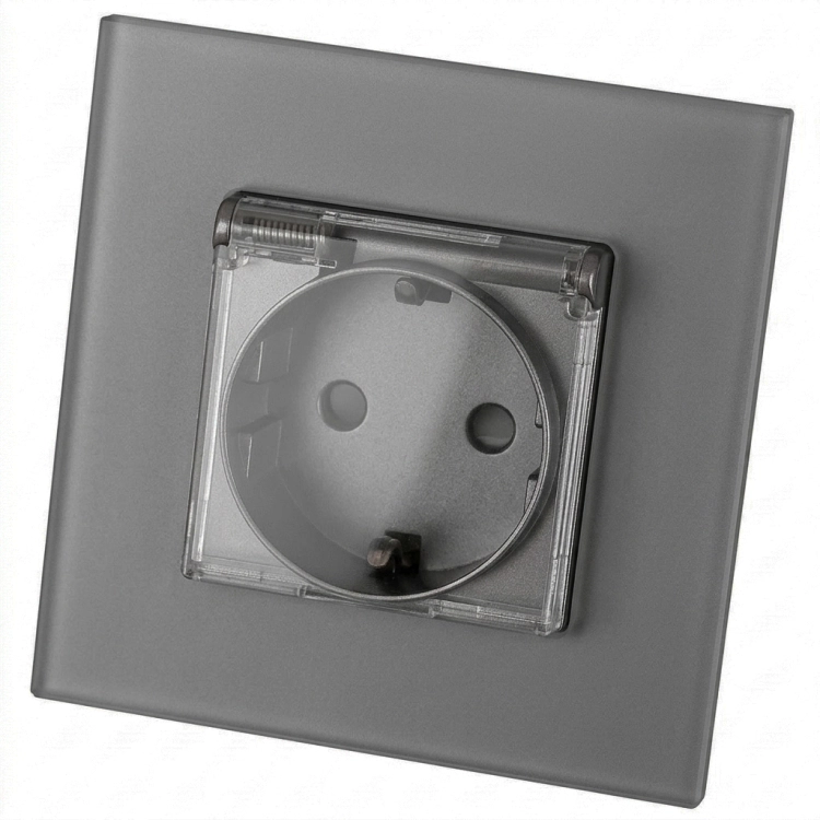 Glazen MATTE contactdoos met klep Schuko aarding zonder aardpen grijs MIUUN
