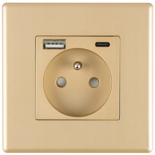 Stopcontact Met Aardpen Goud + USB A+C 20W Set Met PVC-Afdekraam MIUUN