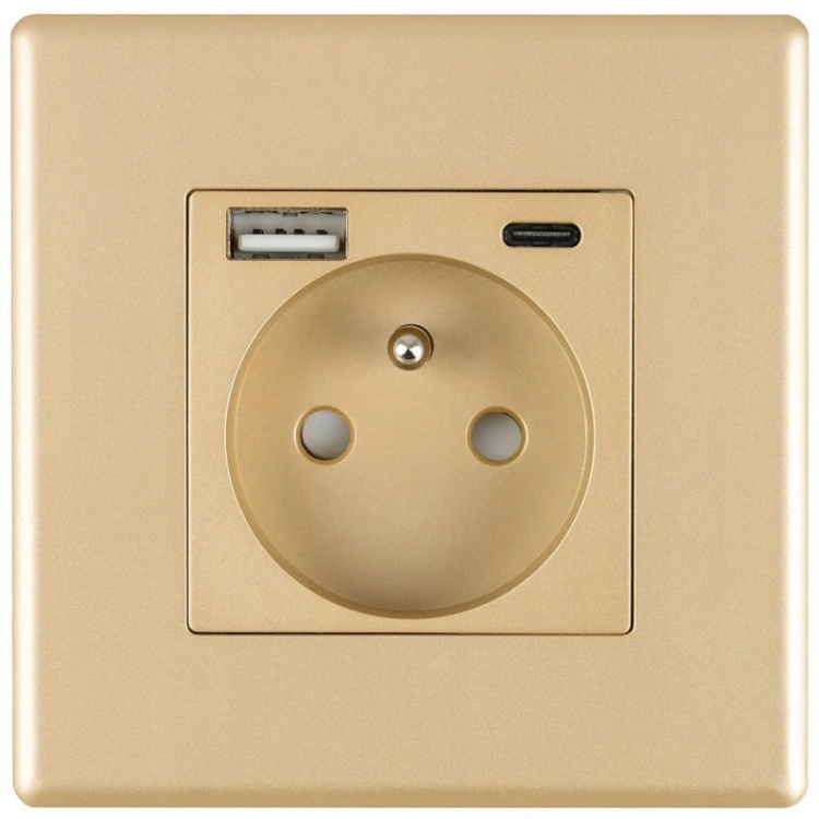 Stopcontact Met Aardpen Goud + USB A+C 20W Set Met PVC-Afdekraam MIUUN